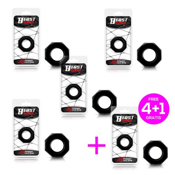 Pack 4+1 Cock Ring Super Flexible Polygonal 2.2 cm Black